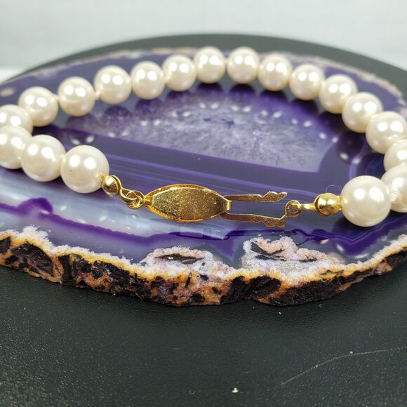 Vintage Knotted Faux Pearl Gold Tone Fish Hook Clasp 7" Bracelet - Picture 8 of 10